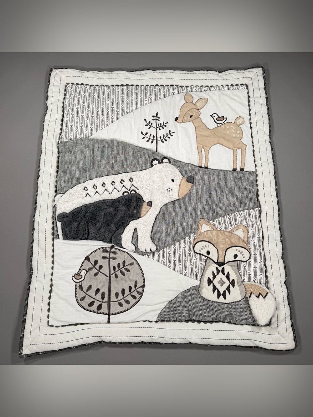 Levtex Baby Woodland Crib Quilt Blanket Bear Fox Deer Nursery Grey White 34x41